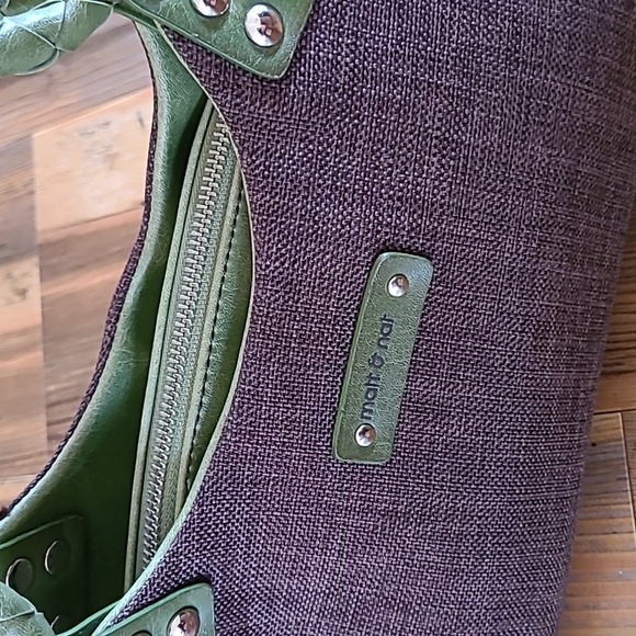 MATT & NAT Brown Canvas Green Vegan Leather Handbag, Metal Stud Detail - Picture 7 of 16